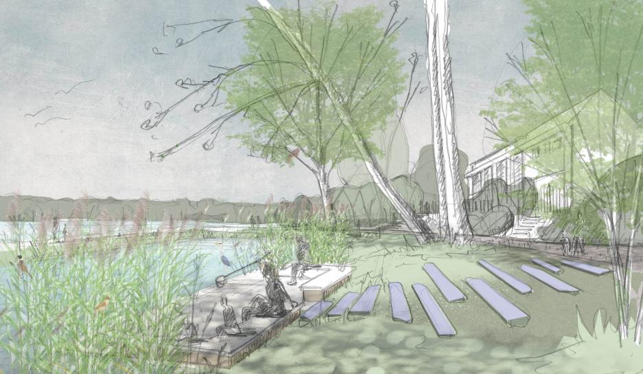 Schets van een observatieplatform aan een poel nabij de school Schets van een observatieplatform aan een poel nabij de school